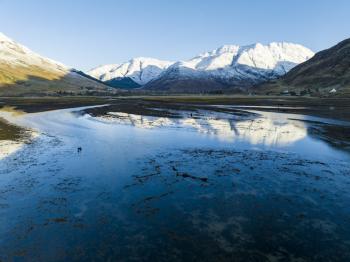 Looking East along the RIver Croe towards Beinn Fhada with snow capping the peaks