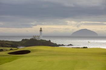 Turnberry Lighthouse and Ailsa Craig Island viewed from The 8th Hole on the "Robert the Bruce" Course