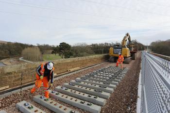 Laying sleepers on the Red Bridge Viaduct over the River Tweed on 4th Feb 2015