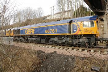 66761 and 66741 wait to push the track laying train towards Tweedbank with this view looking towards Galashiels.