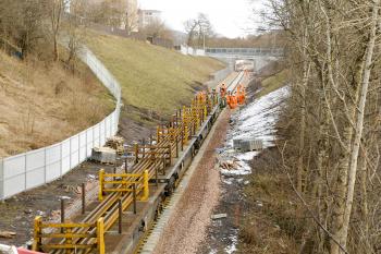 with only 1km to go to Tweedbank, the tracklaying train makes its slow progress to the terminus on 4th Feb 2015