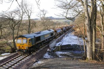 The ballasting train sits quietly to deliver its next load 3 miles north of Galashiels